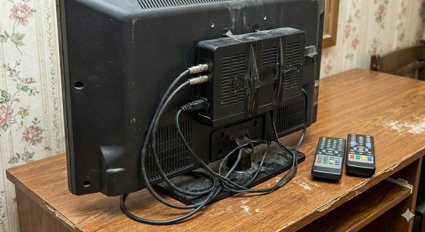 Legacy guest-room TV with an external receiver, tangled cables and multiple remotes