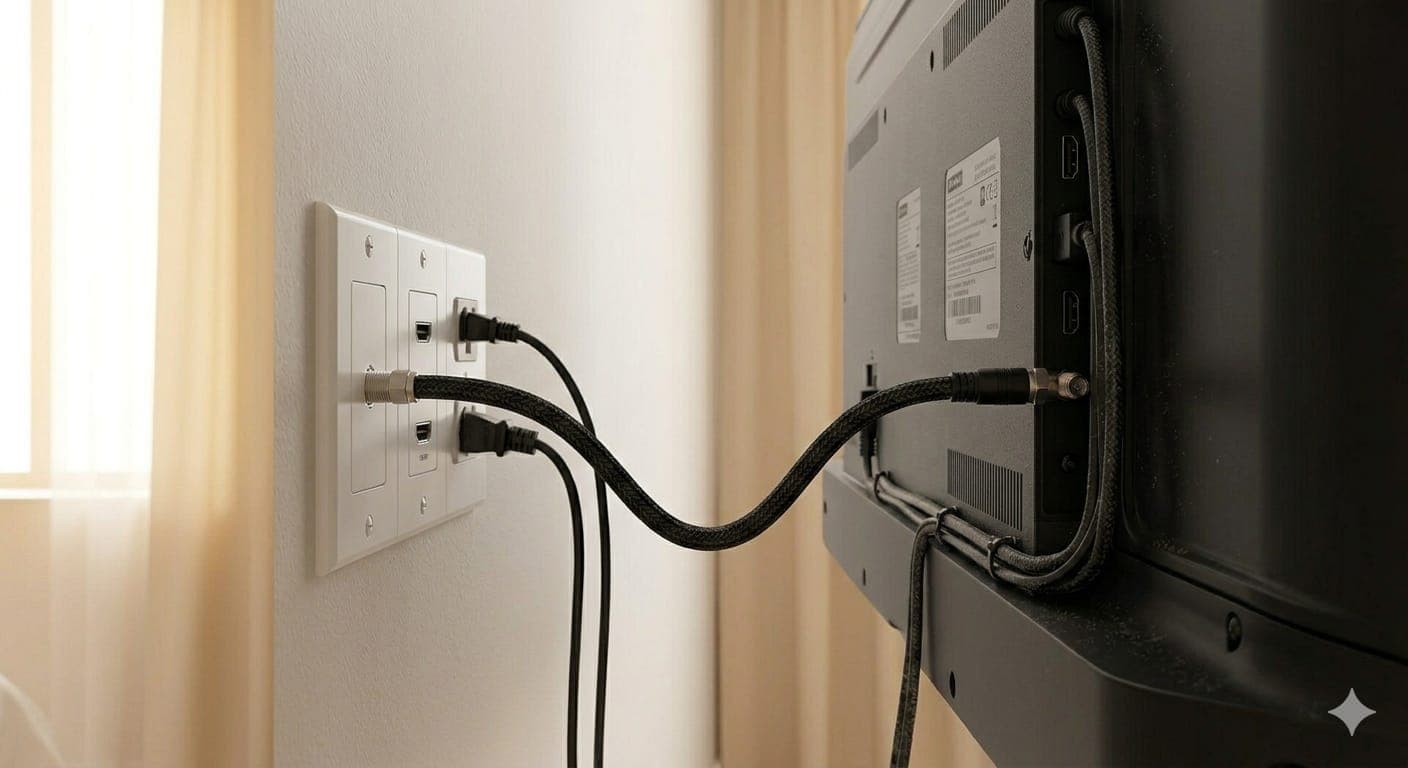 Receiver-free guest-room TV with a single clean coax connection to the wall plate