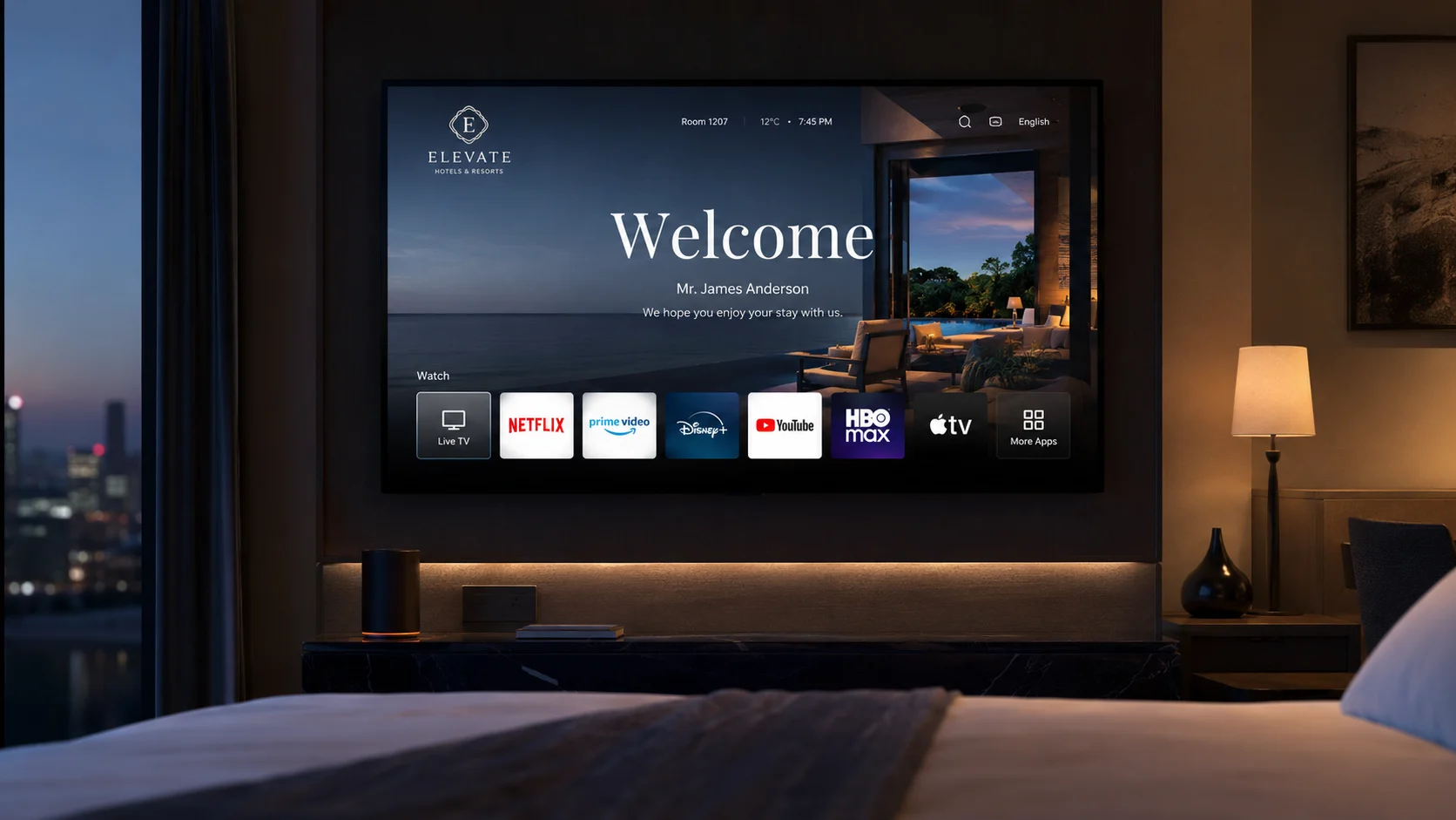 Personalized hotel welcome screen on DIRECTV AEP with amenities, promotions and streaming apps