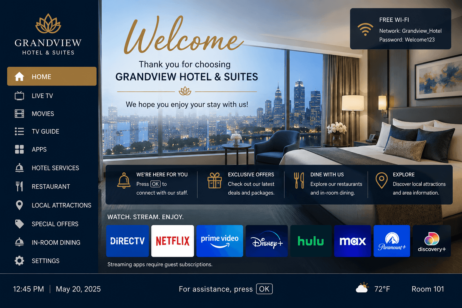 DIRECTV for Hotels in-room TV welcome screen showing live TV, movies, hotel services and streaming apps under the property's branding