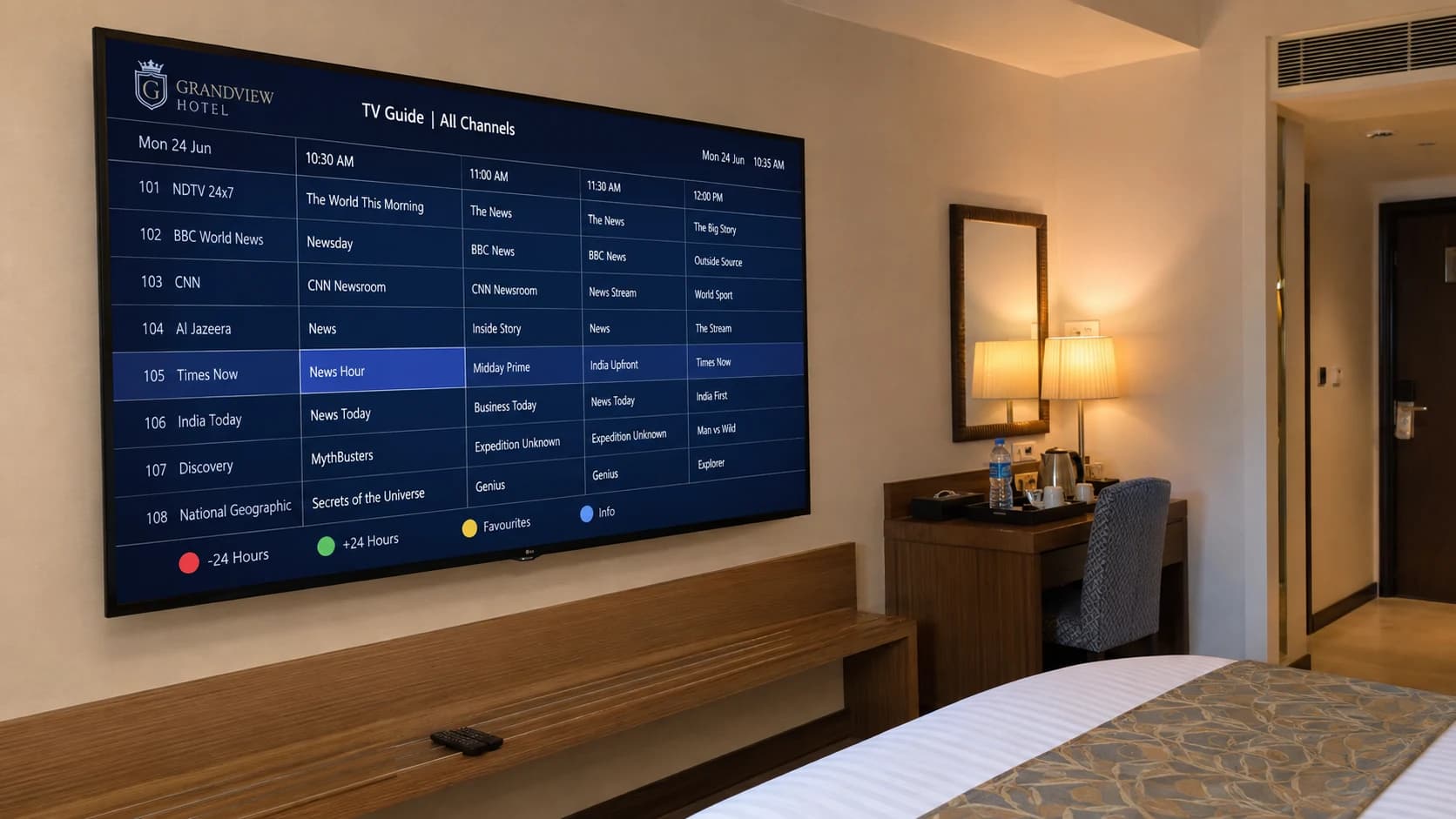Live TV channel guide on a wall-mounted television in a hotel guest room