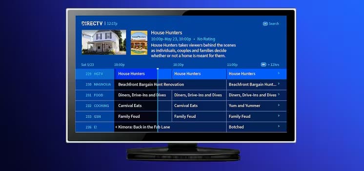 DIRECTV on-screen program guide on a hotel guest-room television, showing channel line-up and show details