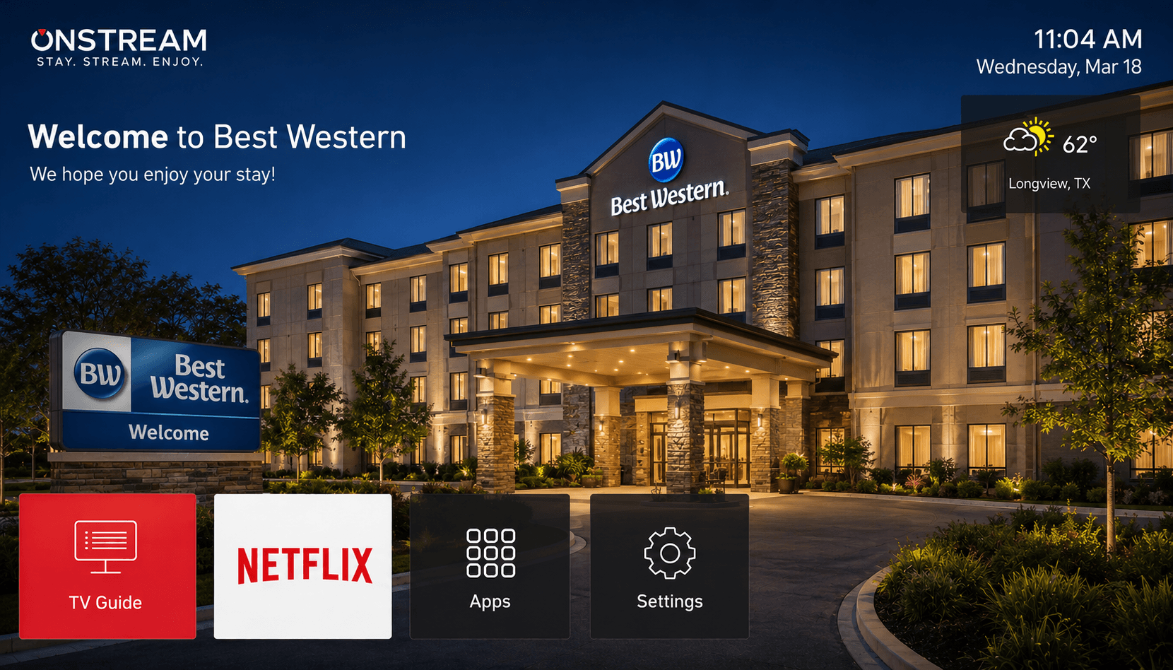 Modern hotel entertainment powered by DISH OnStream — branded welcome screen