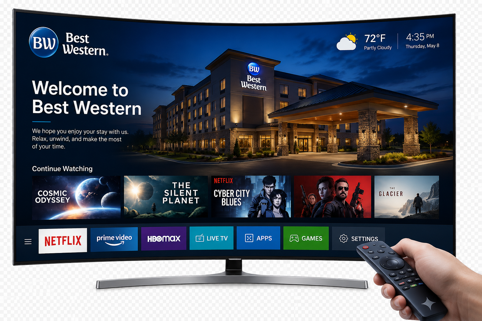 DIRECTV AEP welcome screen on a hotel TV with live TV and streaming apps