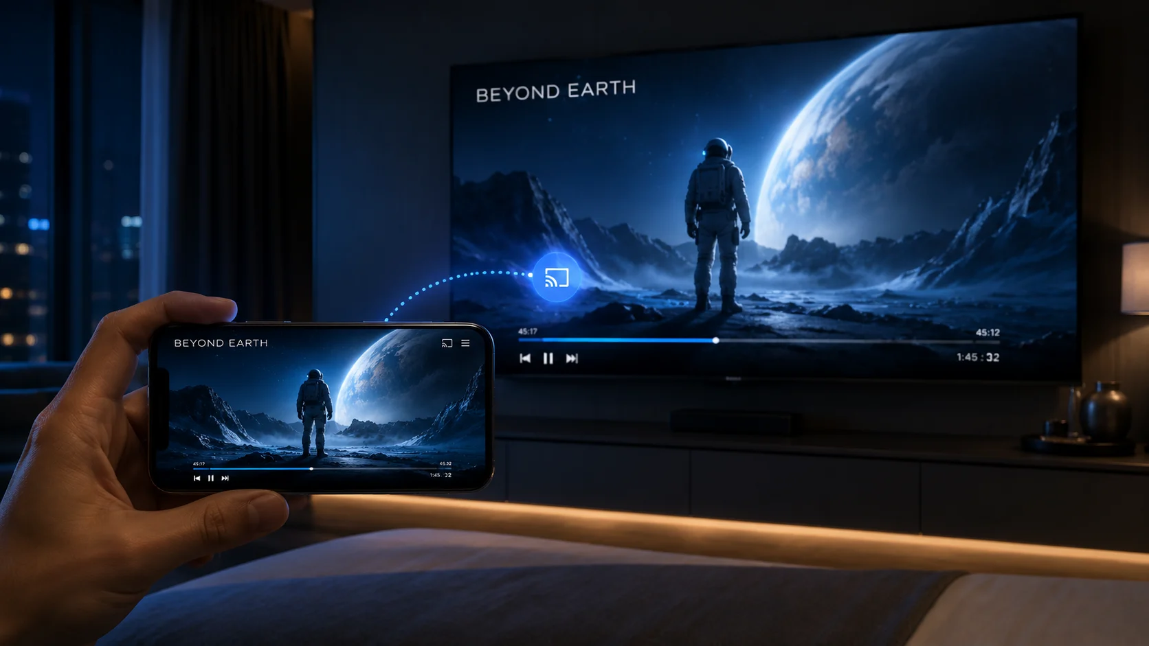 Hotel guest casting a movie from their smartphone to the in-room TV, the same content mirrored on both screens